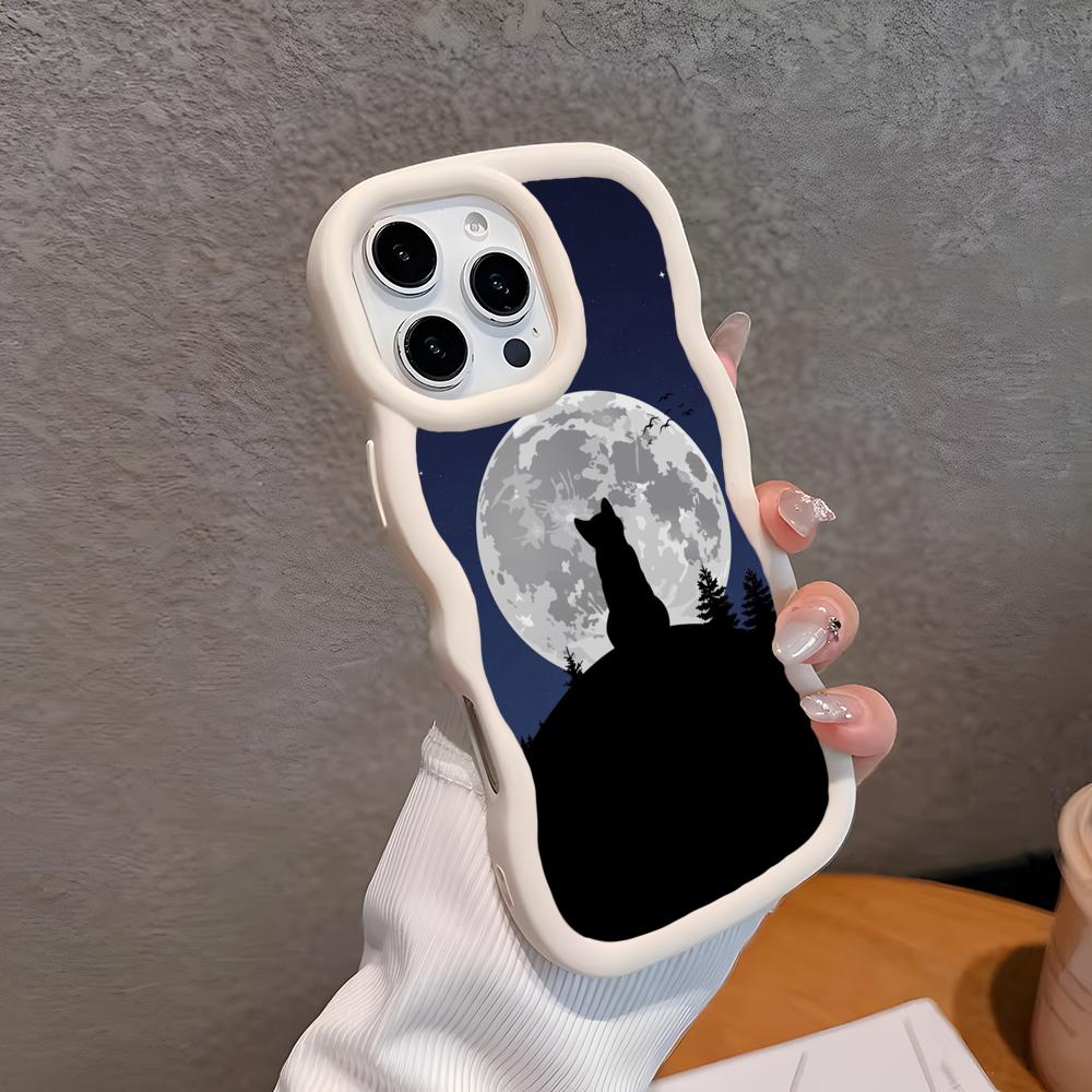 Luna Moon Cat Mobile Phone Case for iPhone 17 16 15 14 13 12 11 Air Pro Max Plus Wavy Edge TPU Colorful Cover Pretty Smartphone