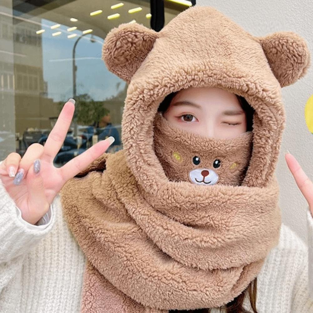 Korean Cap Ear Protection Cute Cap With Mask Lamb Fleece Hat Women Plush Hat Winter Gloves Scarf