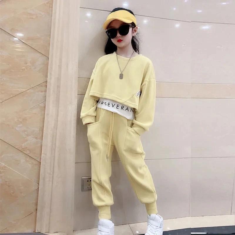 Teenager Gray Girls Sport Suit Spring Clothes Long Sleeve Top Sweatshirt Hooded & Pants Casual 6 7 8 9 10 11 12 Years Child