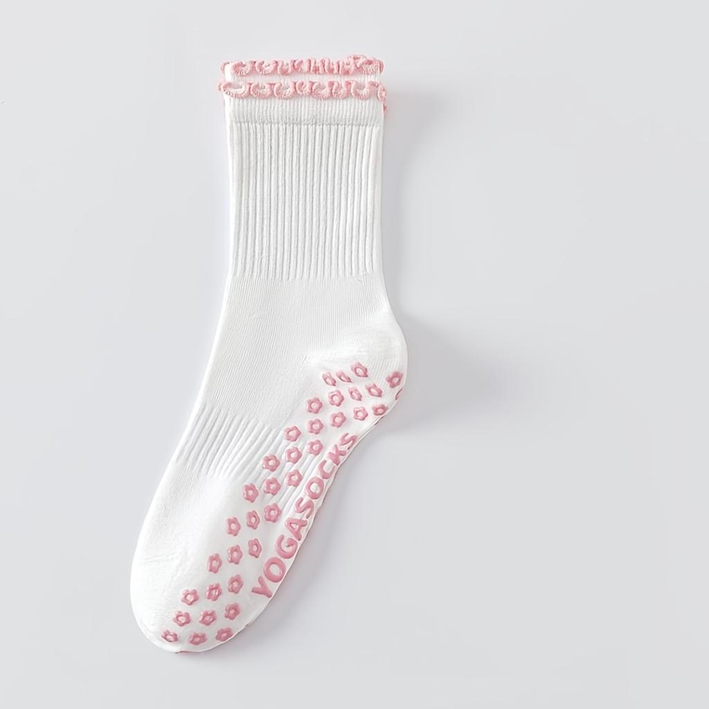 2 Paar gerüschte rutschfeste Yogastrümpfe, Vollhandflächen-Silikon-Mittelschaft-Pilates-Socken, Rutschfeste Fitness-Sportsocken, In mehreren Farben erhältlich