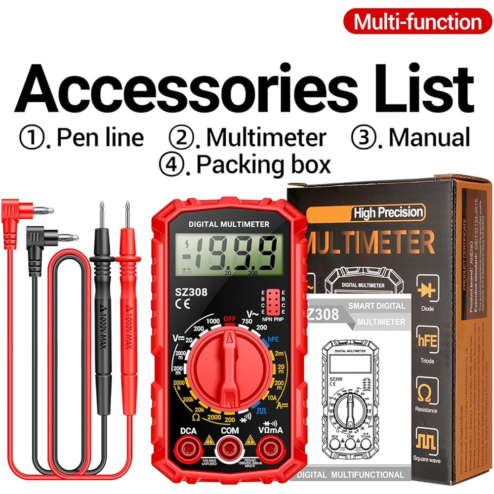 SZ308 Digital Multimeter 2000 Counts with Voltage, Current, Resistance Measurement and Backlit LCD Display