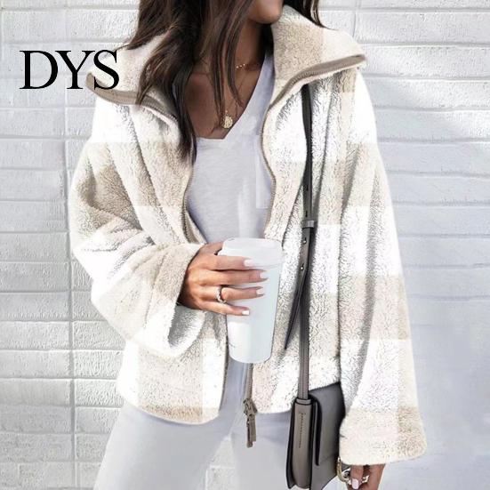 Soft Women Jacket Coat Lapel Long Sleeve Plaid Pattern Loose Fit Zipper Placket Double-Sided Plush Fabric
