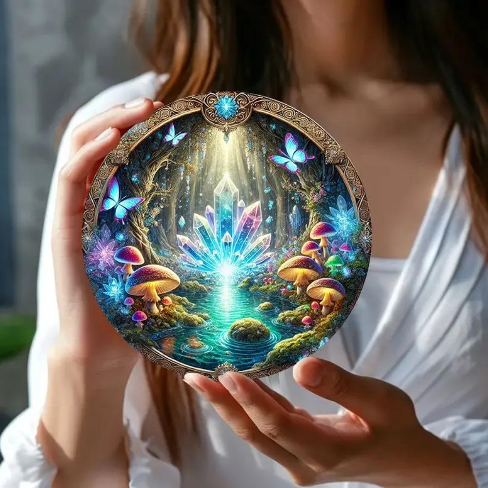 Hisun Tin Sign Vintage Enchanted Forest Glowing Crystal Mushroom Round Tin Sign Retro Magical Blue Butterfly Fairycore Themed Metal Wall Art P