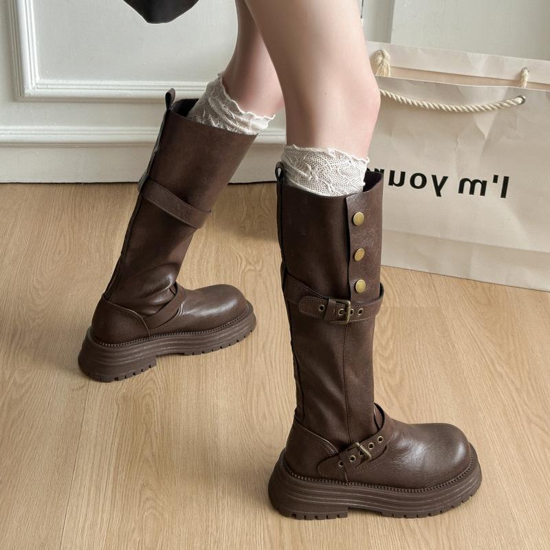 Retro thick-heeled thick-soled boots for women's 2025 autumn and winter new boots, tall and thin belt buckle British knight boots