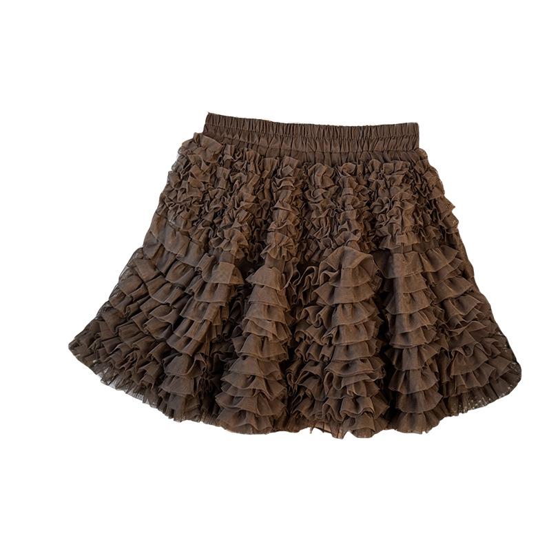 Korean Ballet-Inspired High-Waisted Ruffled Mesh A-Line Layered Skirt for Women, Autumn 2025