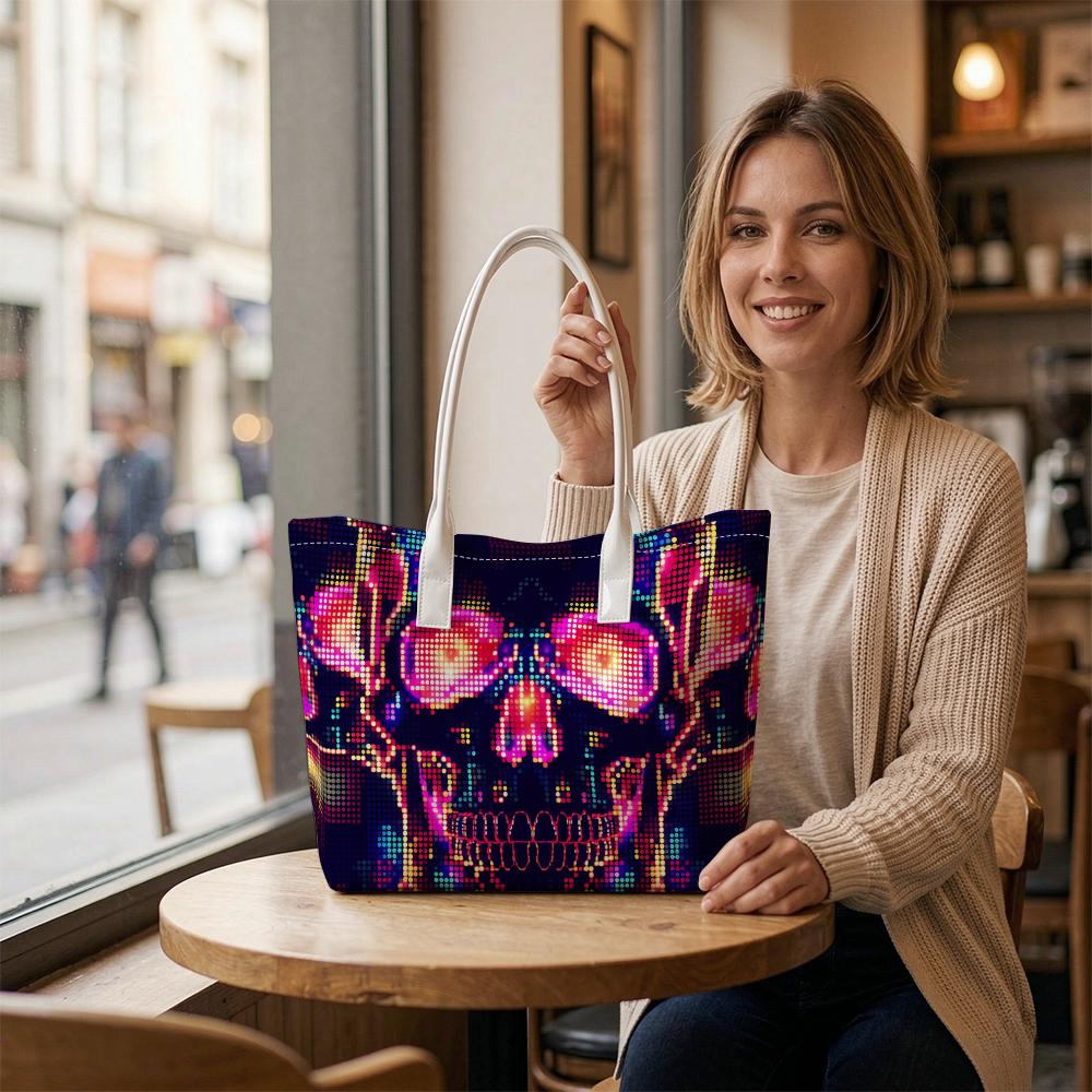 Trendy Skull Printed Large Tote Bag Fashion Casual Lightweight Shopping Handbag for Daily Outings