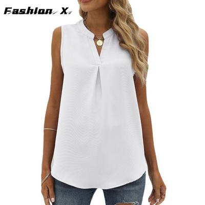 Women's Spring and Summer New Solid Color Chiffon Shirt Loose V-neck Pullover Sleeveless Tops