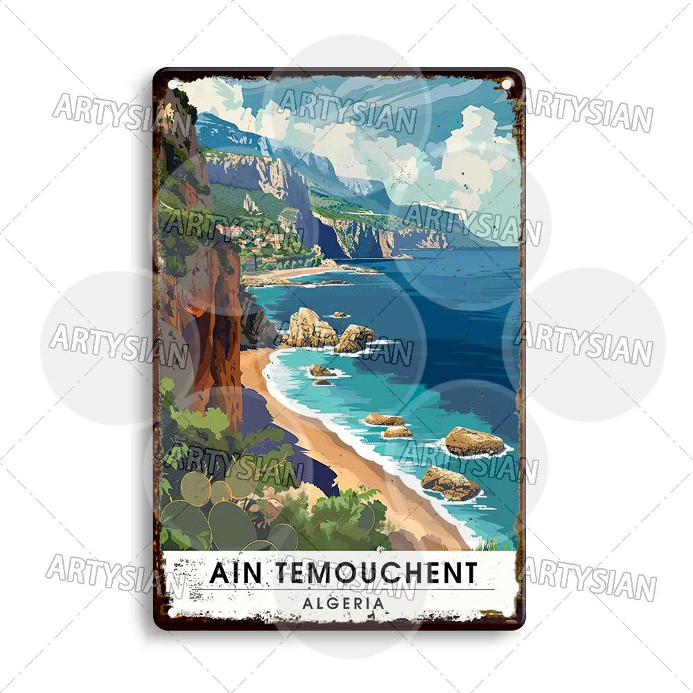 Maghreb Travel Cityscape Metal Sign Alger Algeria Djerba Tunisia Chefchaouen Morocco Marrakesh Zarzis Oran Tiaret Kabylie