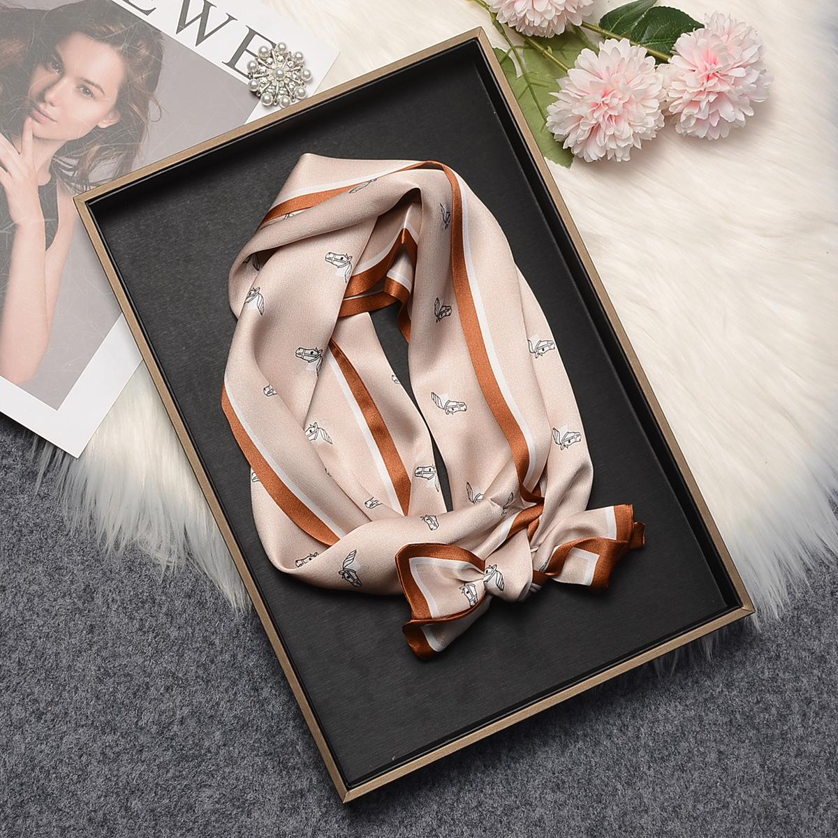 Hangzhou silk mulberry silk scarf cute pony head versatile double-sided silk scarf thin and narrow scarf streamer 150*15cm