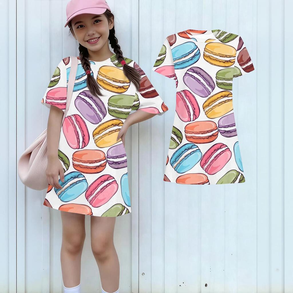 Girls Print Casual Dress Kids Loose Round Neck Short Sleeve Thin Sundress