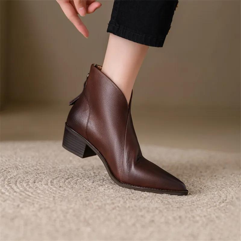Fashion New Women Genuine Leather Ankle Boots Pointed Toe Chunky Heel Boots for Women Winter Fashion Short Boots Concise Women Boots