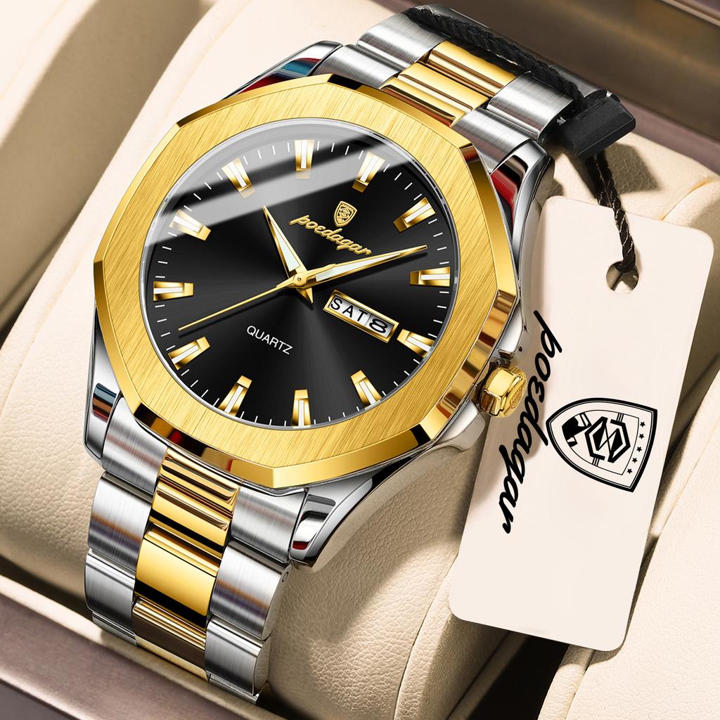 POEDAGAR Luxury Men Wristwatch Waterproof Luminous Week Date Casual Clock Stainless Steel Quartz Fashion Watches Reloj
