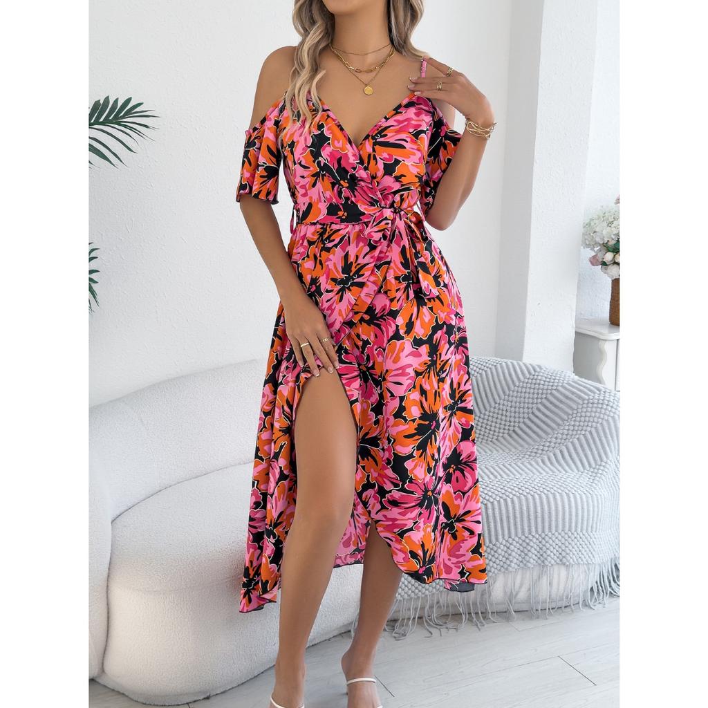 2025 New Fashion Trend Spring Summer Off-the-shoulder Crossover V-Neck Flower Suspendron Maxi Dress Resort Dress Women's