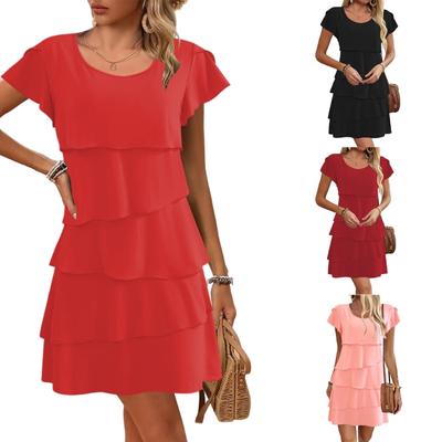 Women's Short Sleeve Crew Neck Ruffle Tiered Layered Flowys Swing Long Midi Dress Summer Dresses Casual Loose Dresses