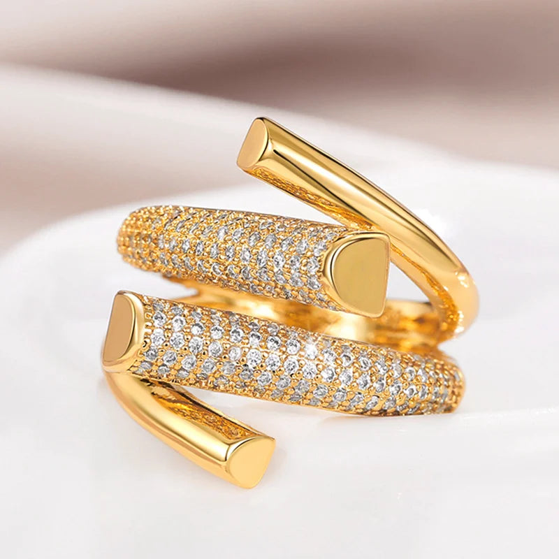 Huitan Hyperbole Geometric Shape Gold Ring for Women - Luxury CZ Sparkling Ring for Daily Wear & Parties