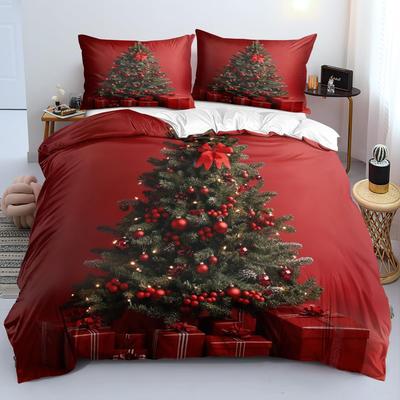 Red Festive Ambience Three-Piece Digital Printed Bedding Set Christmas Tree Bed Cover