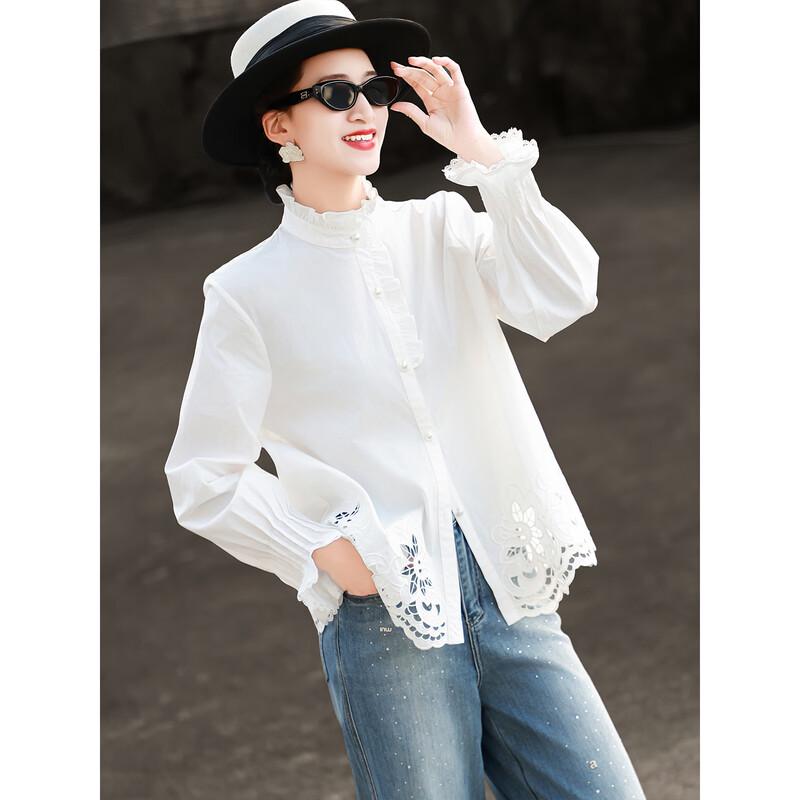 Lanse er French Style Ruffle Lace White Shirt L