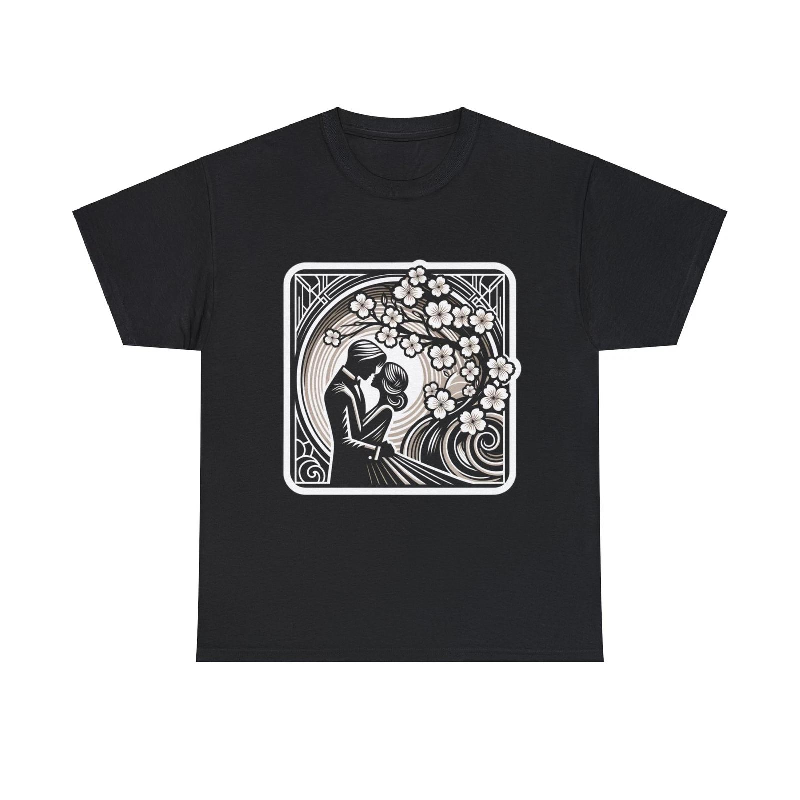 Unisex Adult T Shirt Romantic Embrace Art Deco Cherry Blossom Love Story Couple M