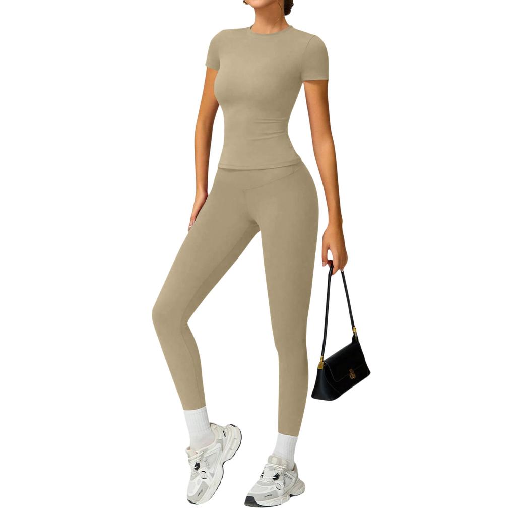 Women's Casual  Color Yoga Suit Short-Sleeve Pants Set