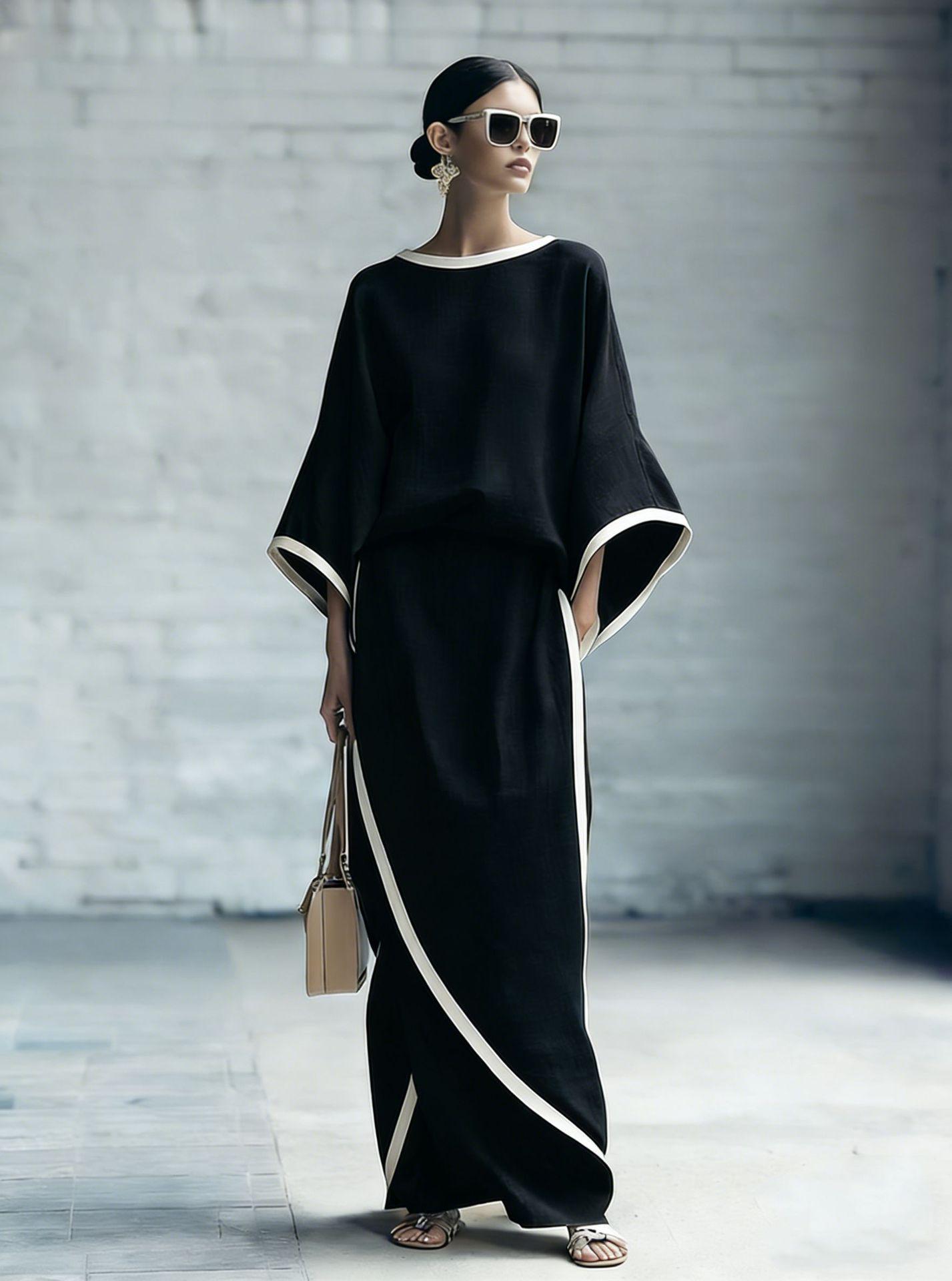 

2026 Elegant Casual Two-Piece Set: Batwing Sleeve Robe Top & Long Skirt Medium