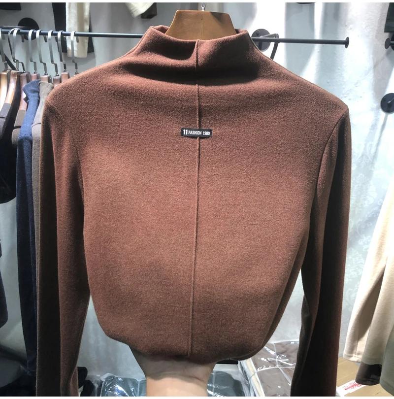 Harajuku Half Turtleneck Casual Slim Fleece Thick Bottoming T-shirt Autumn Winter Velvet Long Sleeve Solid T Shirt Women Top
