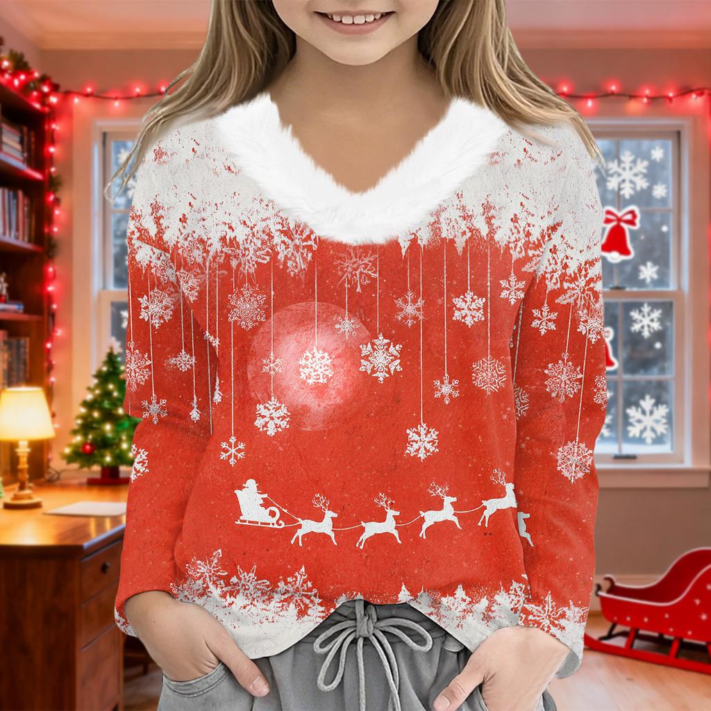 Christmas Day Girls Long Sleeve T Shirts Kids Girls' V-Neck Tee Christmas Print Long Sleeve Top