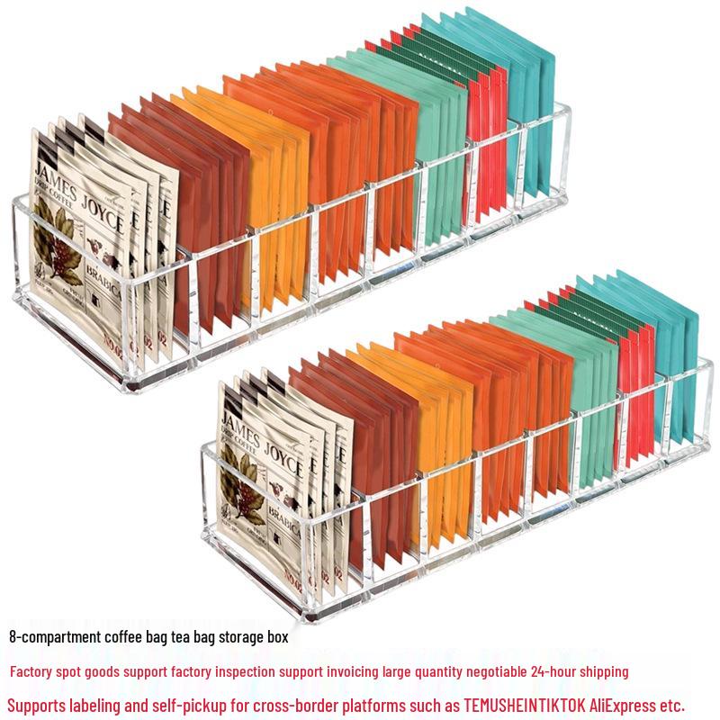 In-Stock Transparent Acrylic Coffee Pod & Tea Bag Storage Organizer Small Eight Compartments Integrated/No Lid