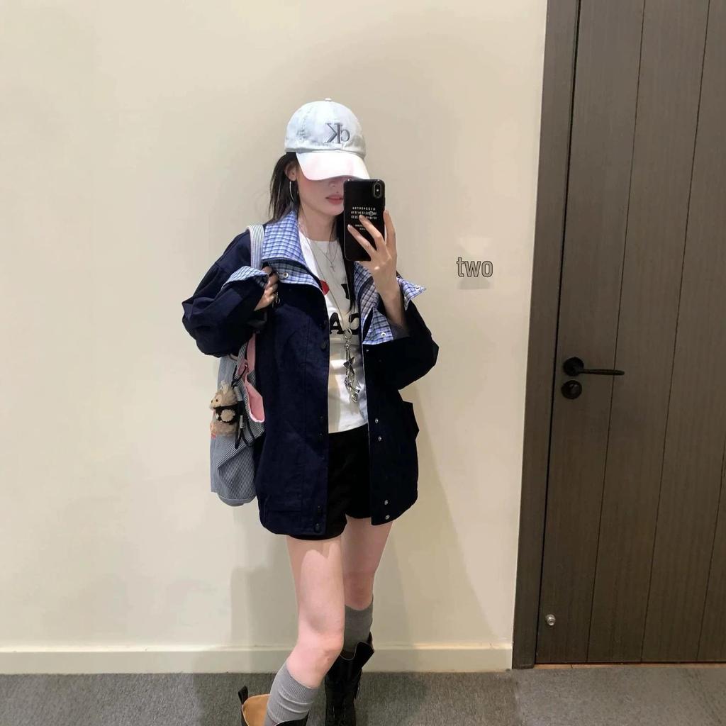 Women's Retro Plaid Patchwork Color Block Jacket - Trendy Loose Fit for Spring/Autumn