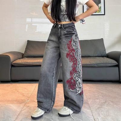 Women Vintage Mud Washed Wide Leg Jeans Abstract Side Embroidery High Waist Baggy Y2K Spicy Pants