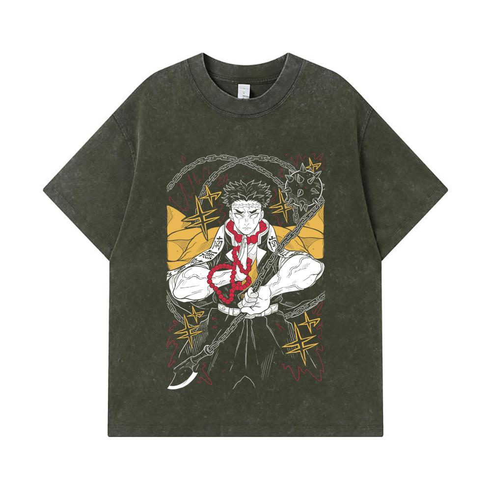 

275 GSM Washed T-shirts 100% Cotton Demon Slayer V11 Gyomei Print Unisex Heavy Cotton T Shirt S армия зеленый
