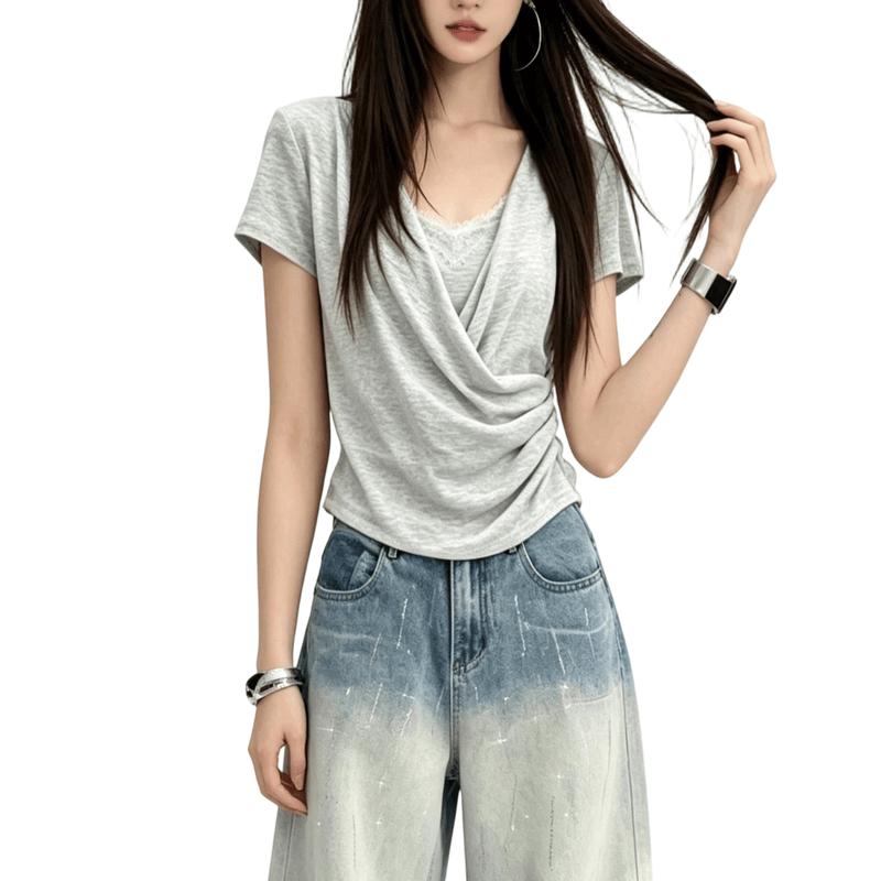 La Chapelle Women s Lace Trim Cowl Neck T-shirt L белый