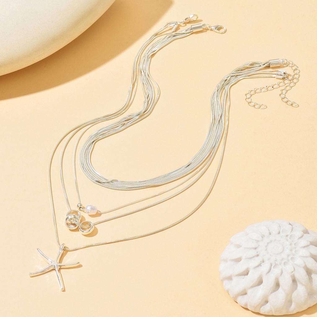 Starfish Multilayer Necklace Alloy Geometric Pendant For Women Summer Fashion
