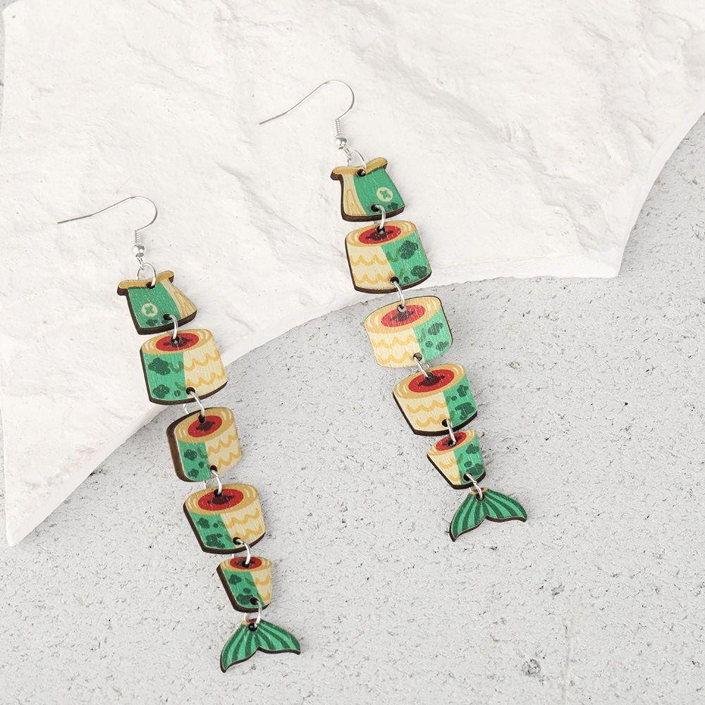 5Pairs Hook Piercing Fish Drop Earrings Acrylic Wood Beach Drop Earrings Salmon Fish Earrings  Women