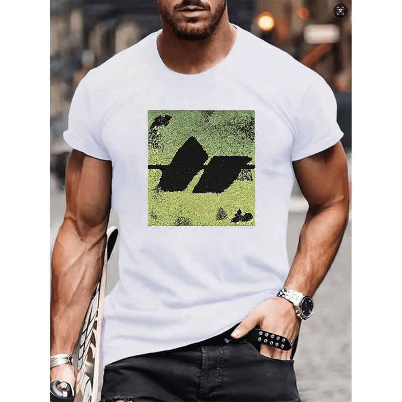 European Sizes Abstract Camouflage Block Pattern Print, Lightweight Round-neck Short-sleeved, Simple and Fashionable for Men, Versatile Daily Top
