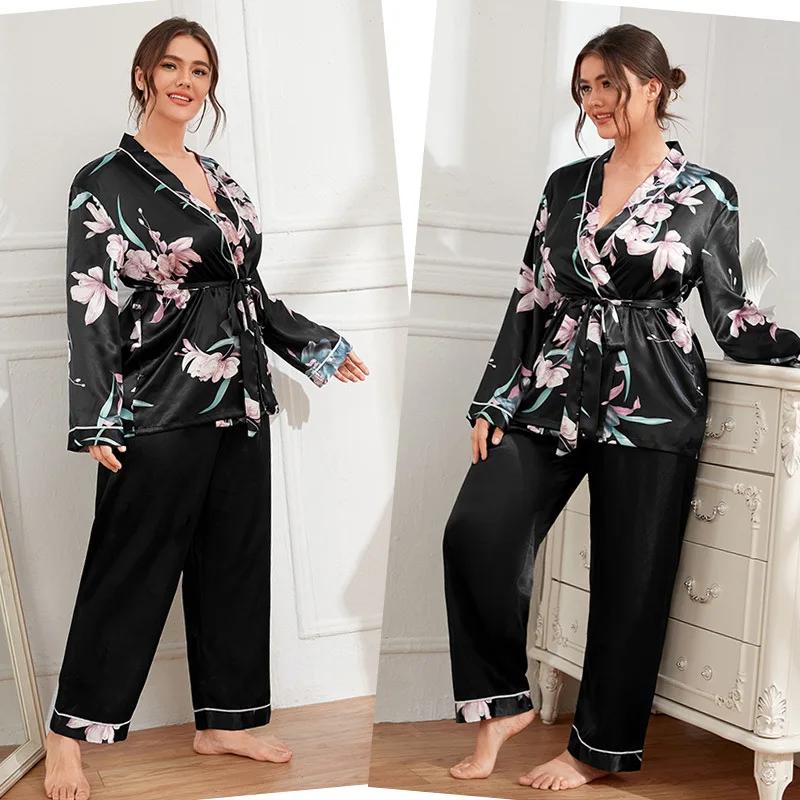 Women's Cardigan Printed Robe with Long Trouser Pajamas Set Loose Conjuntos Feminino Elegante Ladies Suits