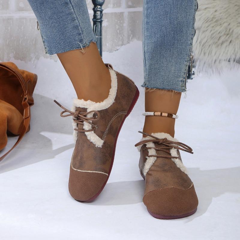 Mode Damen Flats Winter Neu Runde Zehenpartie Tiefer Ausschnitt Zum Schnüren Wildleder Weiche Sohle Rutschfest Abriebfest Baumwollschuhe