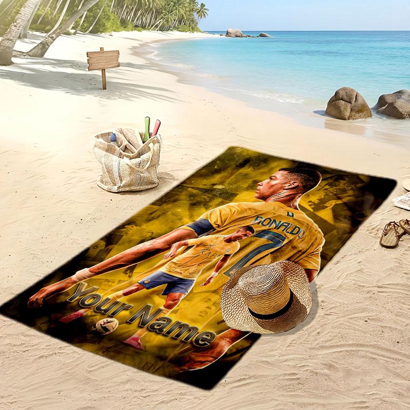 Asciugamano da Spiaggia Personalizzato Stampato Cristiano Ronaldo Logo Calcio Supporto Nome Personalizzato Testo Asciugamano Assorbente Per Sport Viaggio Regalo Speciale