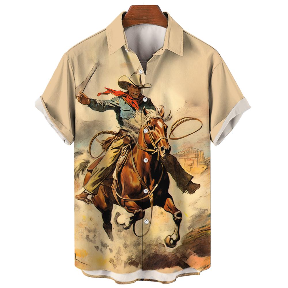 Western Denim Shirt For Men 3d Printed Oversized Hawaiian Sweatshirt Casual Short Sleeved V-Neck Men'S Clothing Street Daily Top