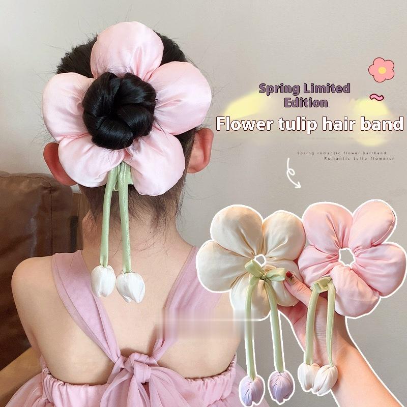 Sweet Gentle Women Tulip Flowers Ribbons Hair Scrunchies Fairy Bowknot Streamers Hair Ribbons Ponytail Holder Hair Accessories