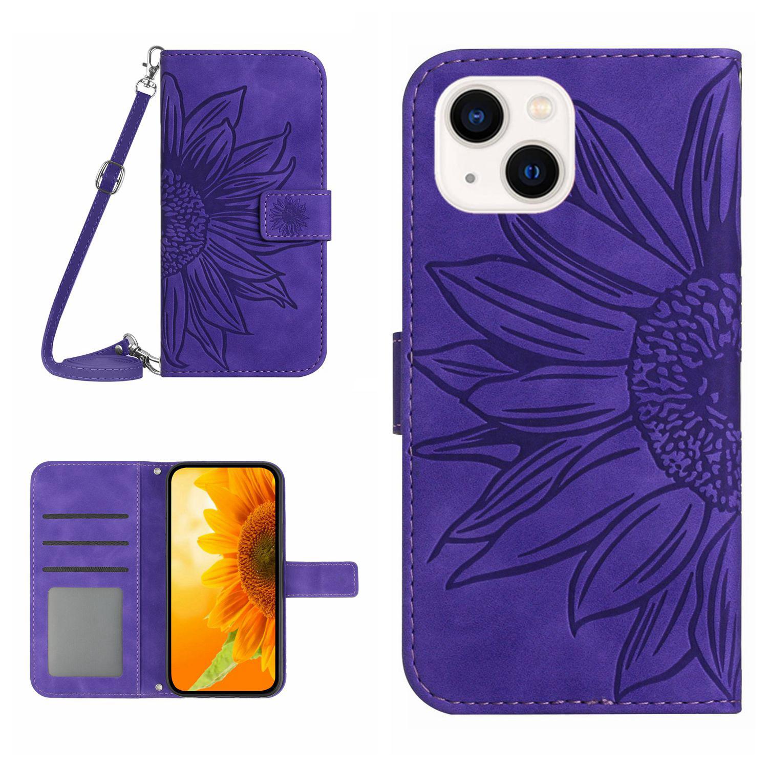 

HT04 Leather Phone Case for iPhone 15 Plus Sunflower Imprint Wallet Stand Cover with Shoulder Strap Dark Purple