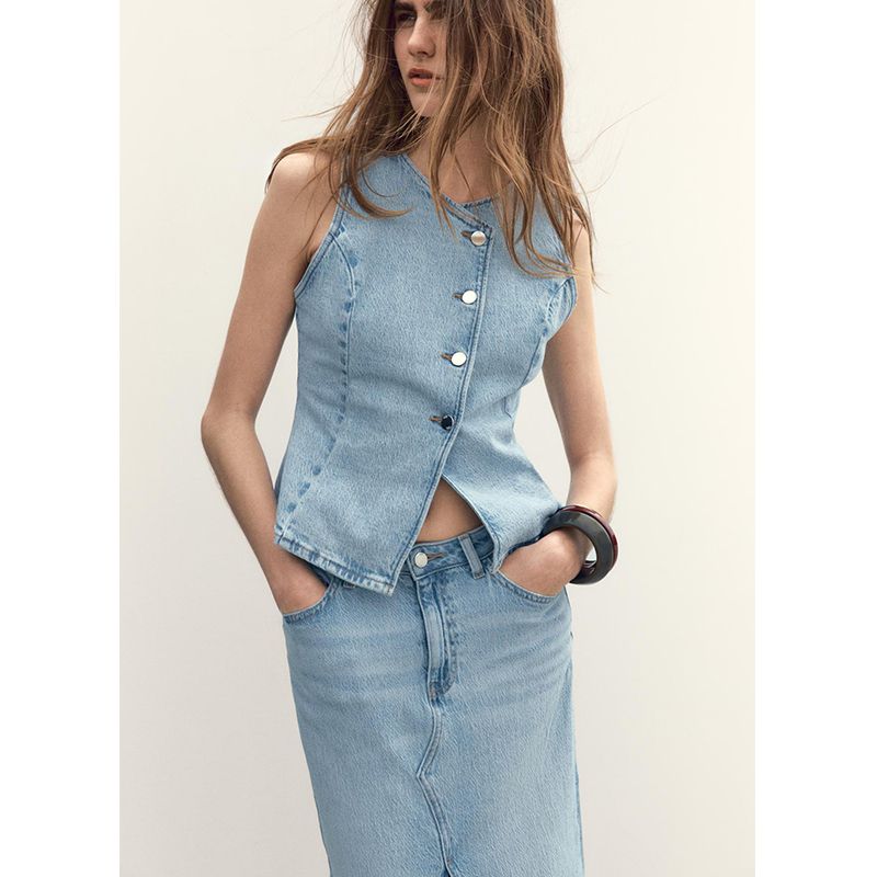 Spring and Summer Cinched Sleeveless round Neck Denim Vest 8228038 Midi Skirt High Waist Casual Denim Skirt 8228023