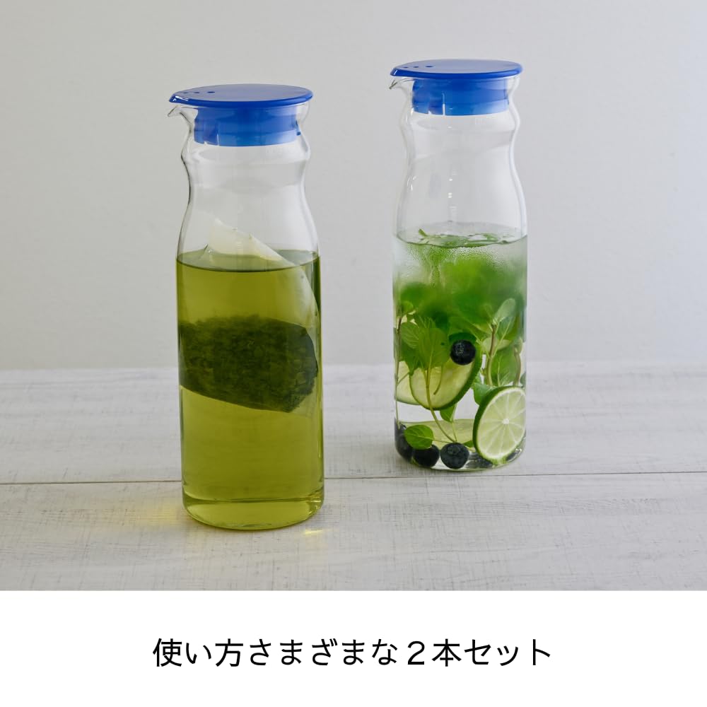 Hario Juego de 2 botellas de agua fría resistentes al calor Free Pot Mine, capacidad práctica de 1200 ml, vidrio transparente azul resistente al calor, agua hirviendo, apto para lavavajillas