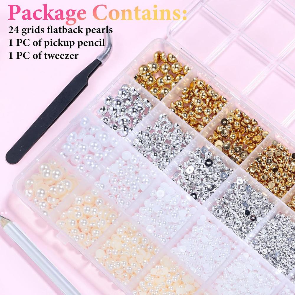 Round Pearl Nail Art Decorations Kit, Mixed Sizes Gold Silver Beads Studs for DIY Manicure