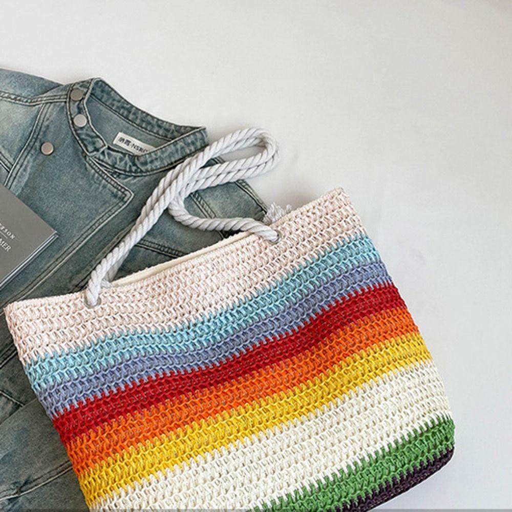 Borsa da Spiaggia alla Moda Borsa Intrecciata a Strisce Stile Bohémien Stile Pigro Borsa da Spiaggia Arcobaleno Borsa Tote Vuota Grande Capacità Vacati