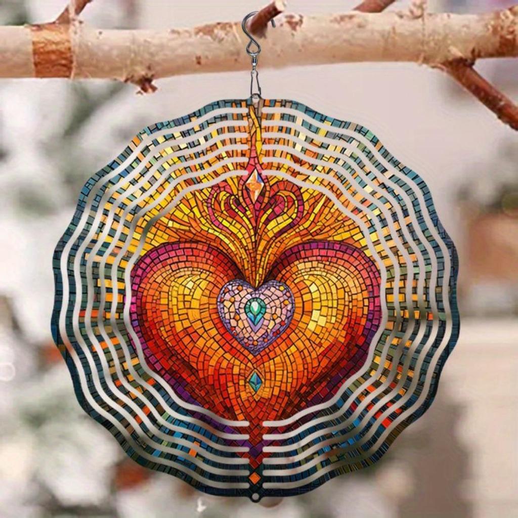 Vibrant Stained Glass Heart Wind Chime Colorful Outdoor Garden Decor with Rotating Hook Weather Resistant 2D Art for Patio Porch Holiday Decoration