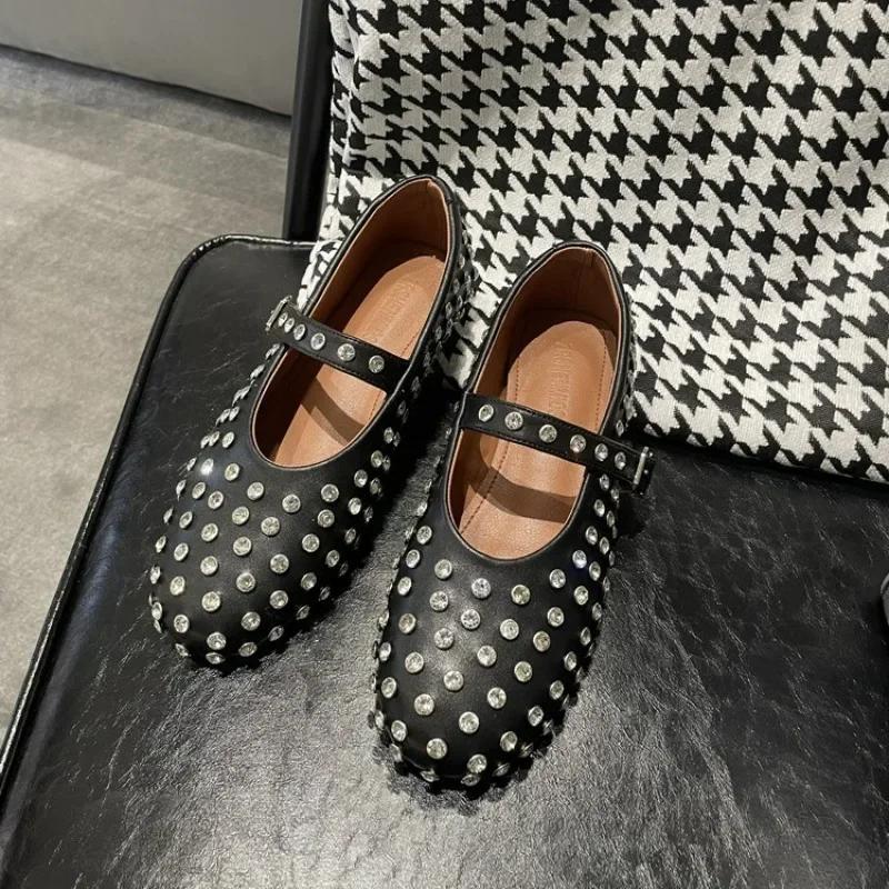 Sheepskin version of high sense ~ new leather rhinestone rivets Mary Jane shoes women's shoes flat ballet shoes