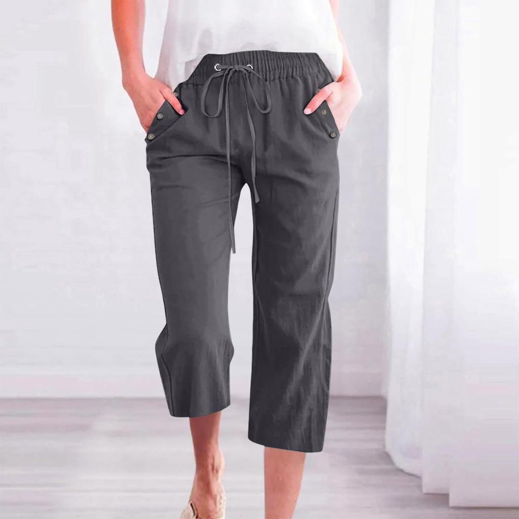 Women's Summer Elastic Lace-up Color Button Decoration Cotton And Linen Loose Cropped Pants