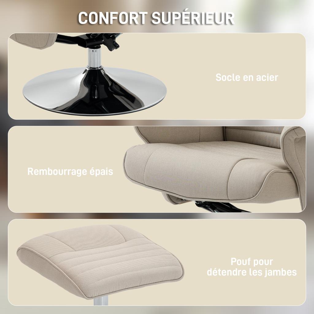 Reclining relax armchair 135 degrees swivel 360 degrees with footrest fabric upholstery beige