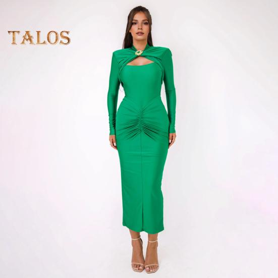 Women Evening Dress Hollow Out Bodycon Metal Buckle Ruched Elastic Pure Color Midi Dress Long Sleeve Prom Party Dress