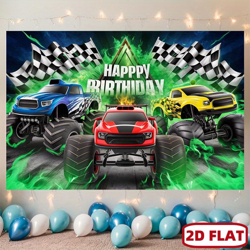 A 2D plane featuring elements such as a giant truck and a grid flag, along with a vibrant polyester material background. 130x150cm